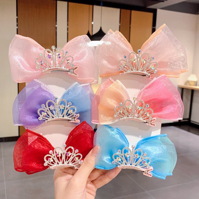 Summer Princess 3D Cute Bows Crown Mesh Hair Clips for Children Girls Ribbons Kawaii Baptism Deco Gradient Hairpins Accessories