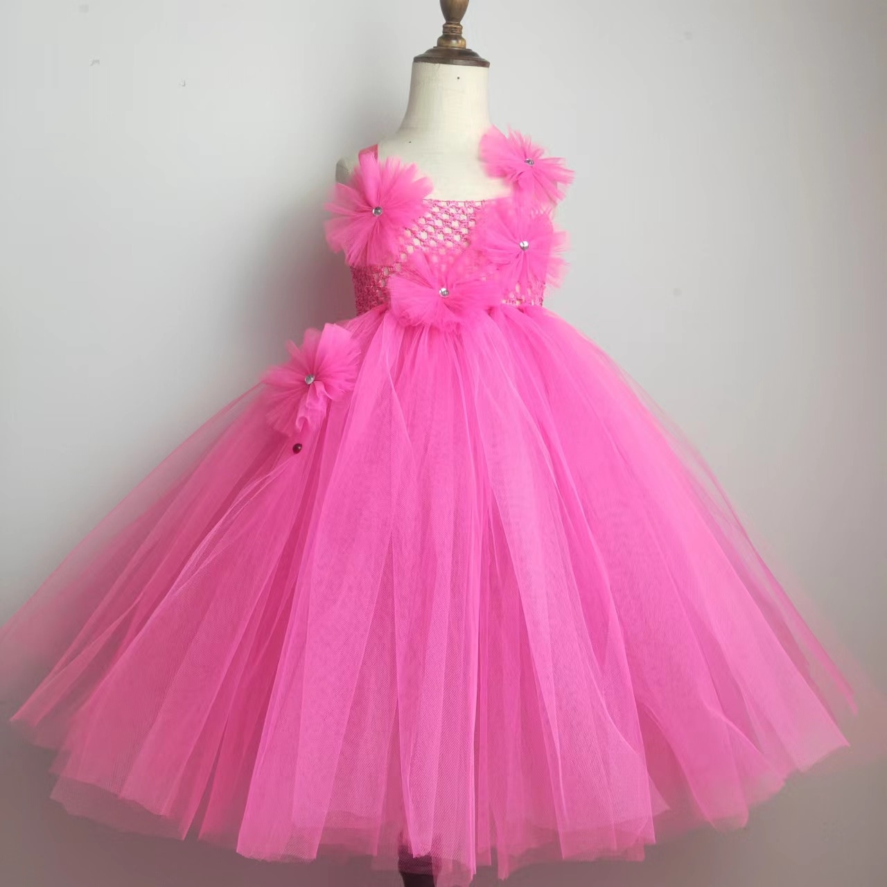 Baby Girls Pink Flower Tutu Dress Kids Crochet Tulle Tutus with Hairbow Children Birthday Wedding Party Costume Fairy Dresses