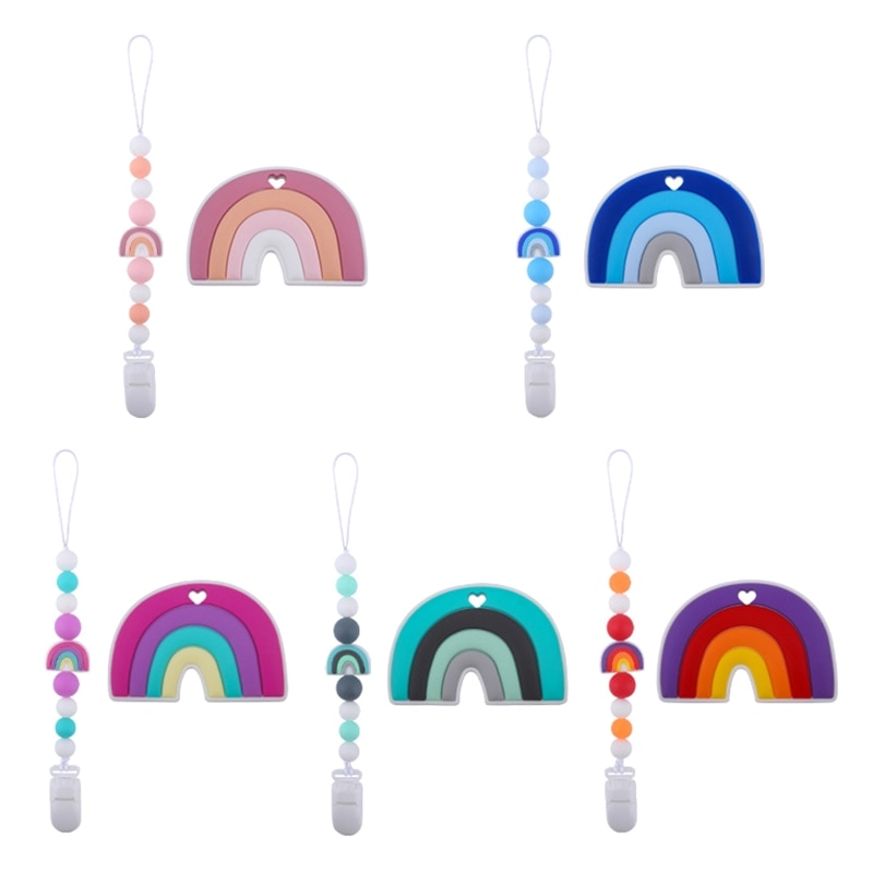 Cartoon Rainbow Silicone Pacifier Clip with Teether Set Teething Soothie Toy Pacifiers Chain Holder for Baby Girls Boys