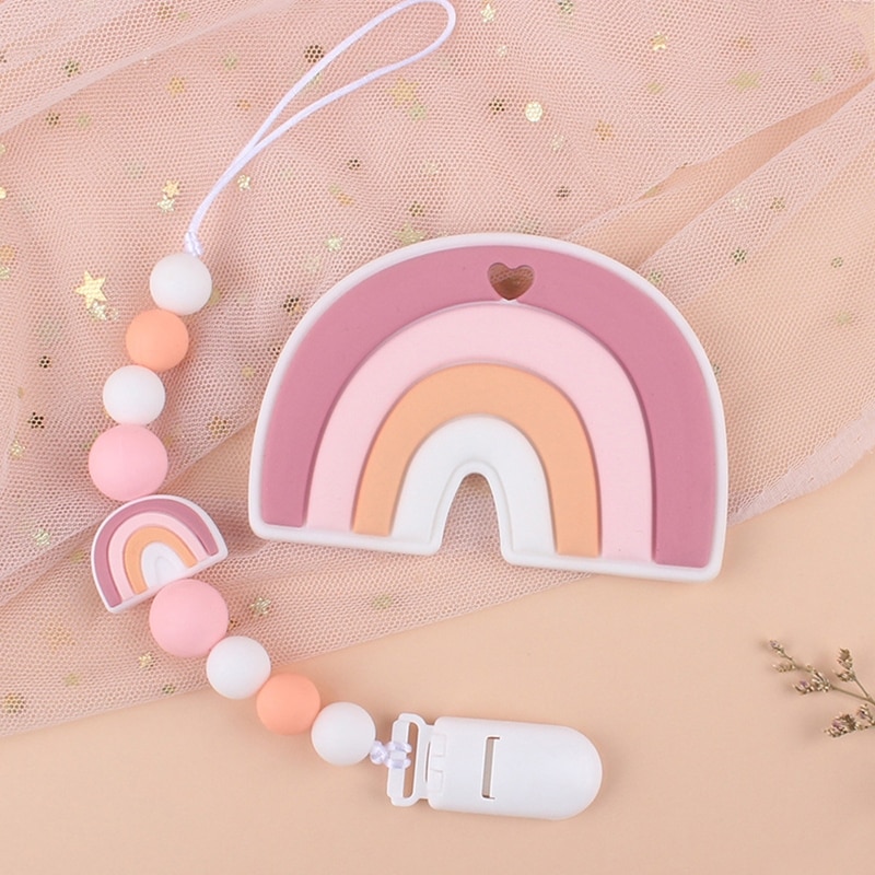 Cartoon Rainbow Silicone Pacifier Clip with Teether Set Teething Soothie Toy Pacifiers Chain Holder for Baby Girls Boys