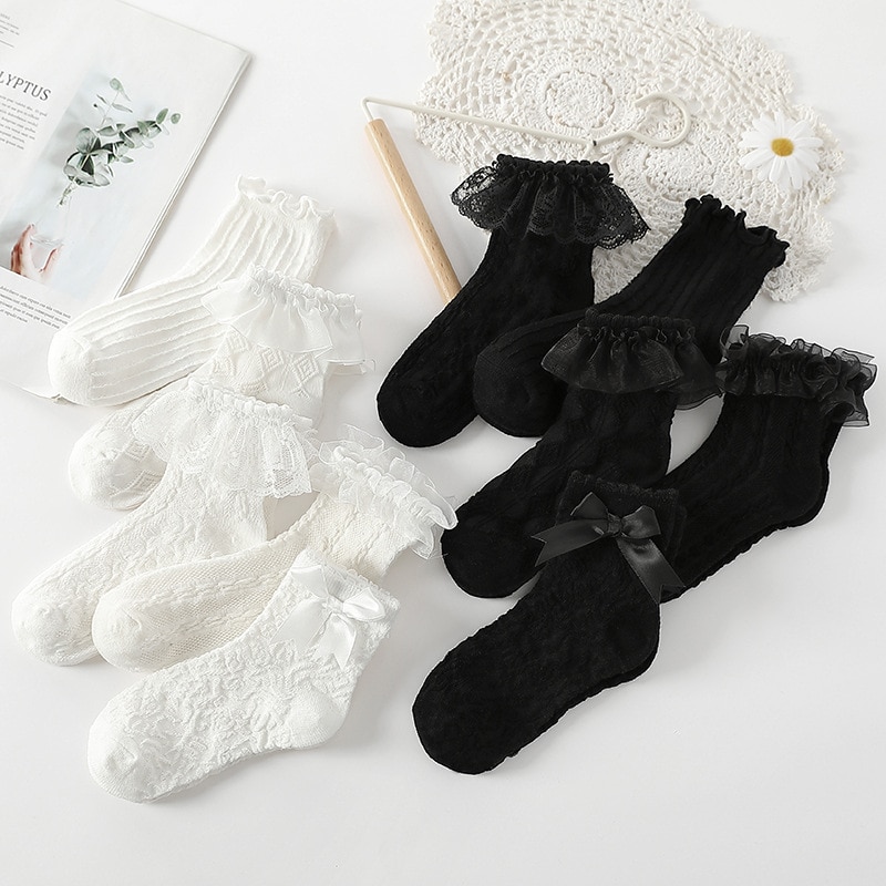 Kids Baby Spring Summer Lace Socks Princess Girls Ruffled Socks Cotton Milk White Black Short Mesh Socks Thin Lolita Children