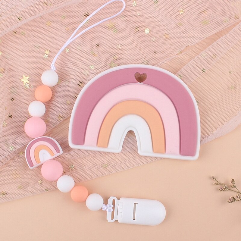 Cartoon Rainbow Silicone Pacifier Clip with Teether Set Teething Soothie Toy Pacifiers Chain Holder for Baby Girls Boys Infant A
