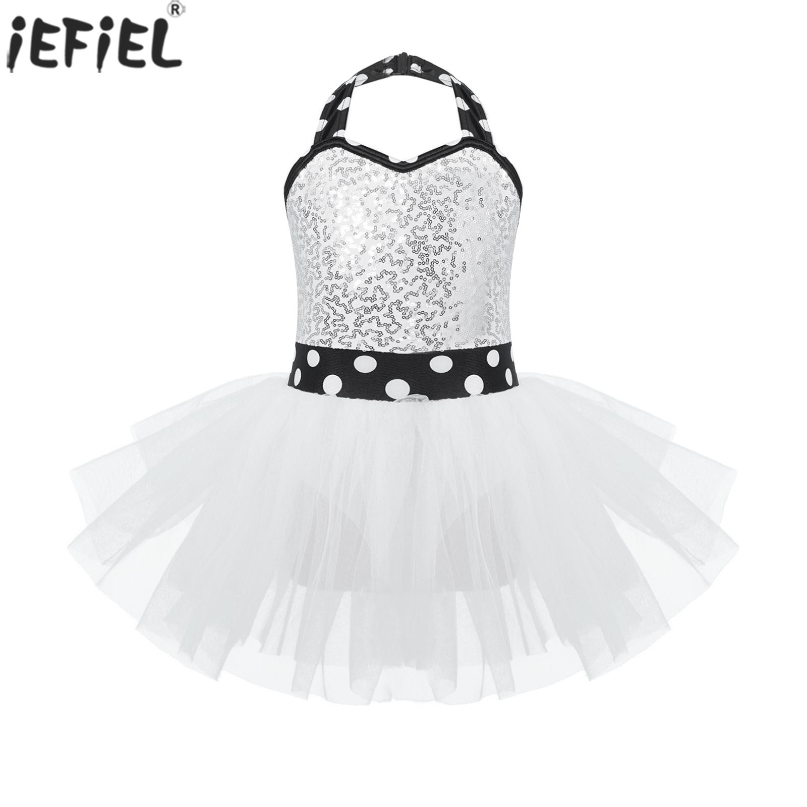 kids dance dress halter neck sleeveless sequins Polka Dots Printed decor tutu leace dress dancing wear stage ballet girl dancing
