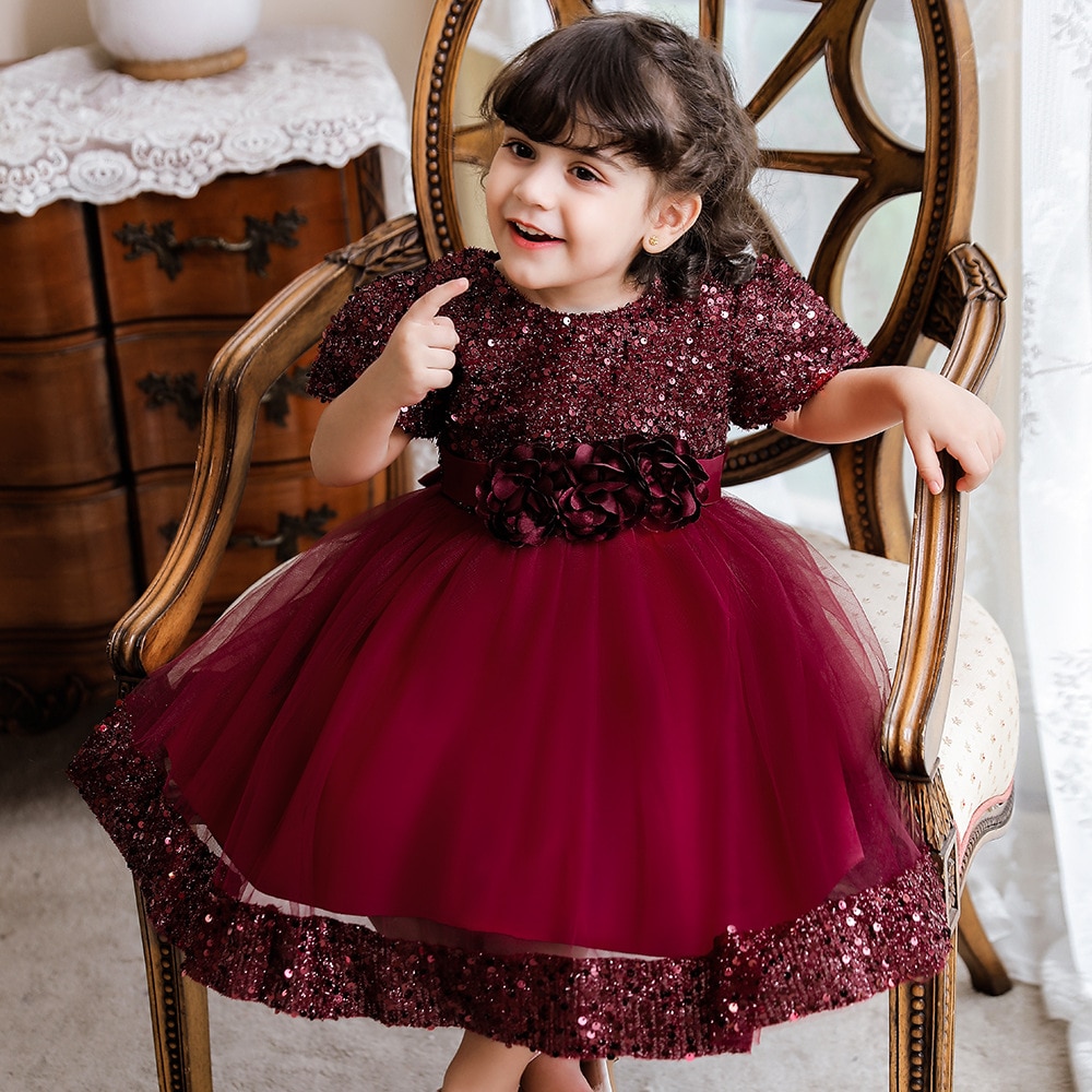 Red Party Dress for Kids Girl Birthday 1 To 4 Years Summer 2022 Luxury Gowns Child Formal Elegant Evening Sequin Dress Communion