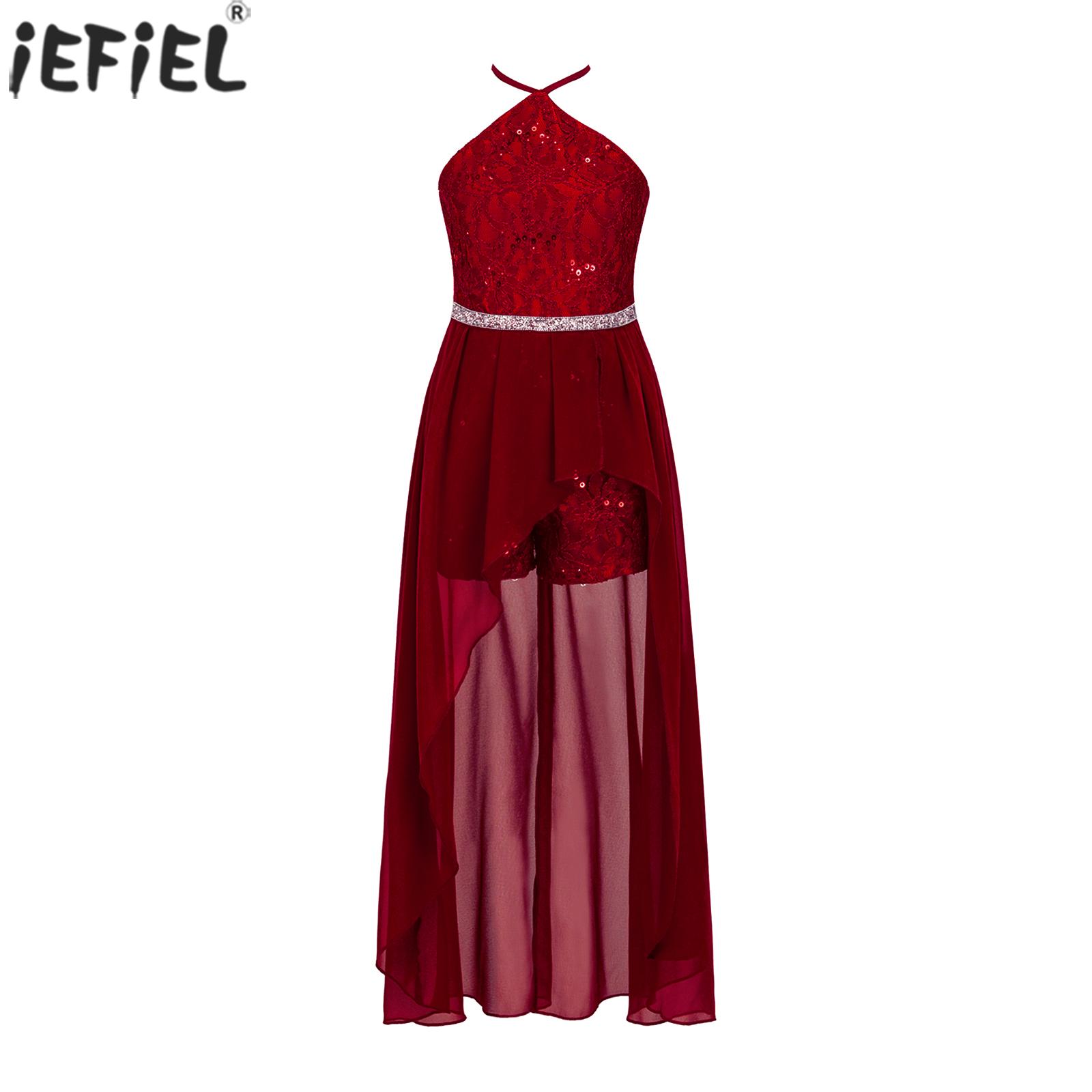 Chiffon Dress for Kids Girls Dance Jumpsuit Floral Party Wear Sleeveless Shiny Rhinestone Belt Decor Asymmetrical Maxi