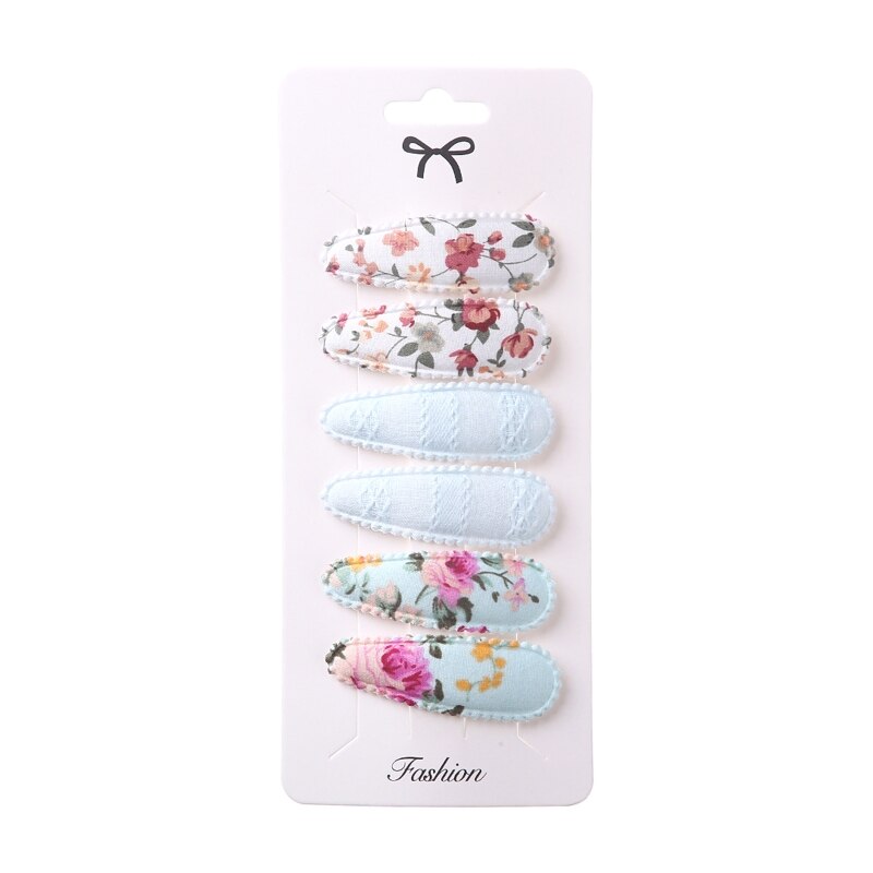 6Pcs Kids Baby Waterdrop Small Hair Clips Sweet Floral Cloth Cover Snap Barrette