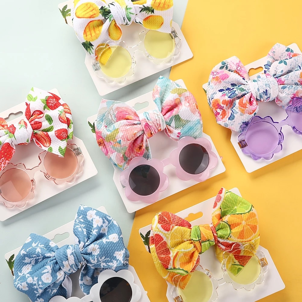 2Pcs/Set Flower Sunglasses Fruit Print Bullet Nylon Hair Band Headband Baby Boy Girl Seaside Mental Eyeglasses Kids Accessories