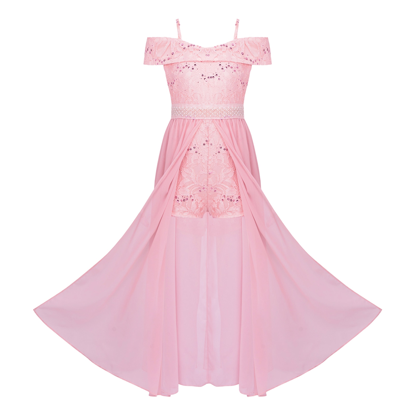 Girls Beading Floral Lace Chiffon Summer Long Dress Off Shoulder Spaghetti Strap Kids Flower Wedding Princess Party Dress