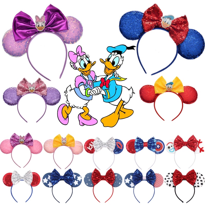 Disney Kids Party Dress up Daisy Donald Duck Headband Sequin Bow Glitter Headdress Girls Independence Day Hairband Accessories