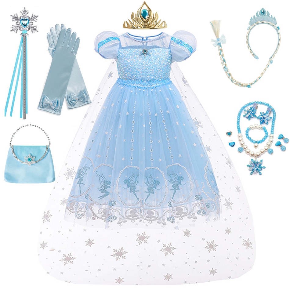 Disney Frozen Costume Princess Dress for Girls Sequined Mesh Ball Gown Carnival Clothing Kids Cosplay Snow Queen Elsa Anna
