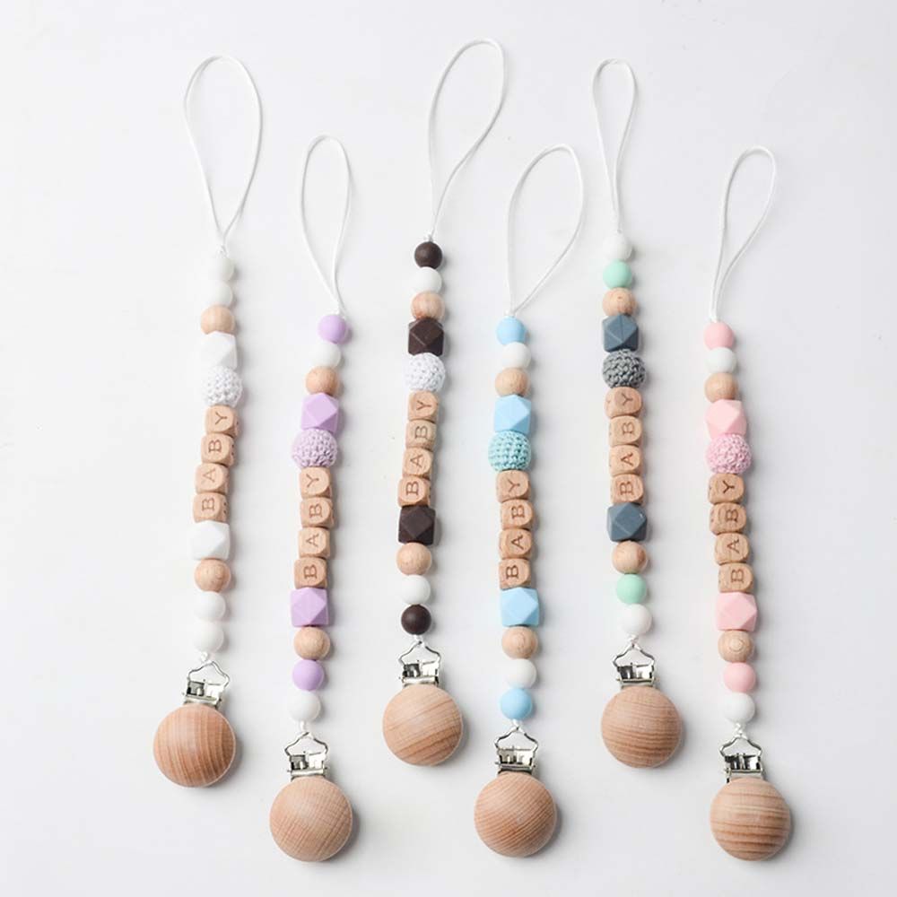 Personalized Name Beech Wood Chew Beads Pacifier Clips Dummy Chain Holder Cute Soother Chains Baby Teething Toy Baby Chew