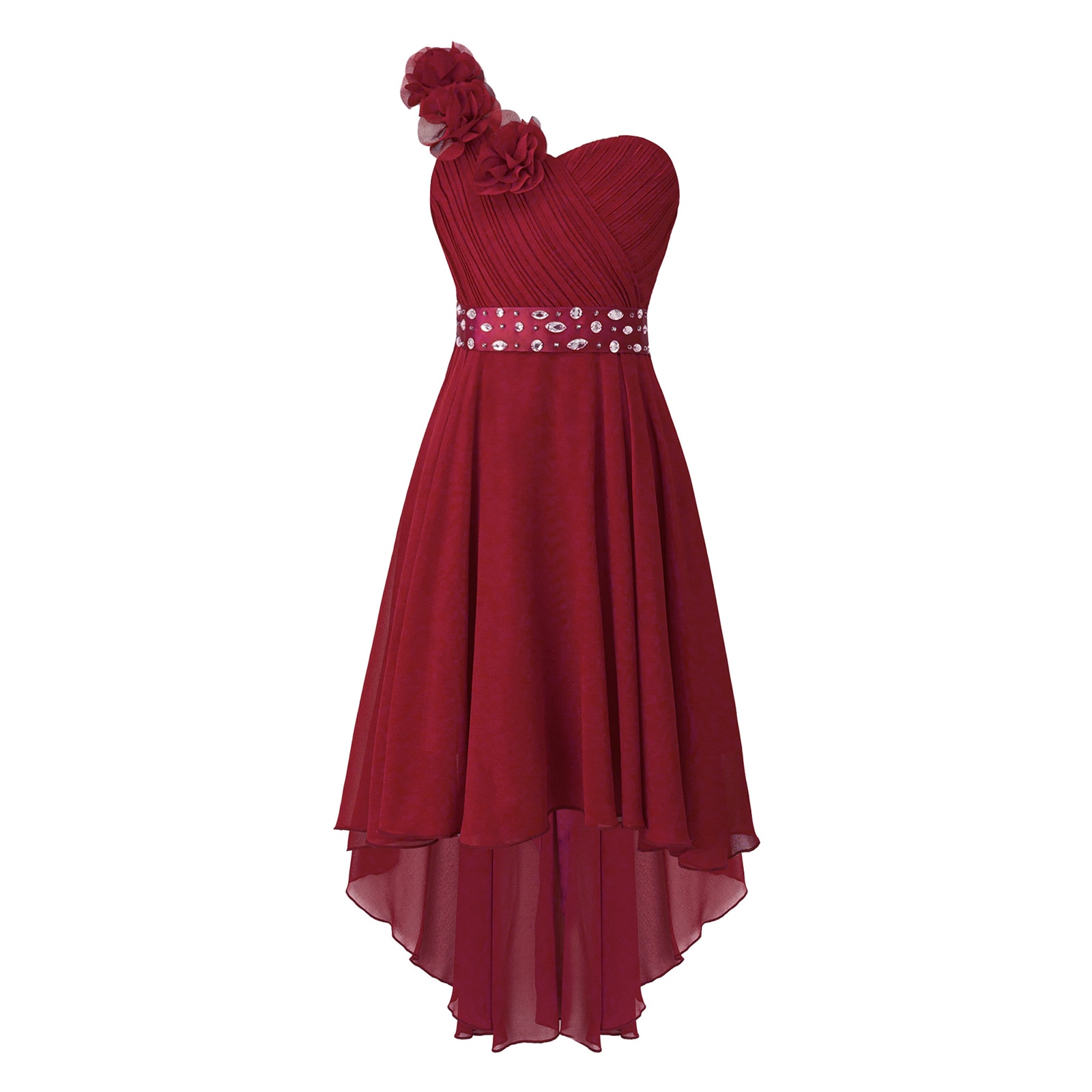 Kids Girls 3D Applique Summer Dress One-Shoulder Ruched Asymmetrical Dress with Sash for Birthday Party Wedding Bridesmaid