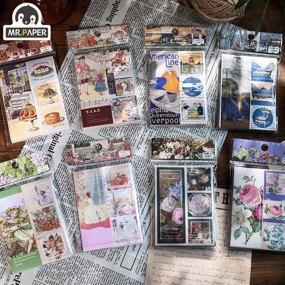 Mr.paper 8 Style 40Pcs/bag Nostalgic Literature Stickers Vintage Classic Handbook Material Decorative Stationery Kid Sticker Bag