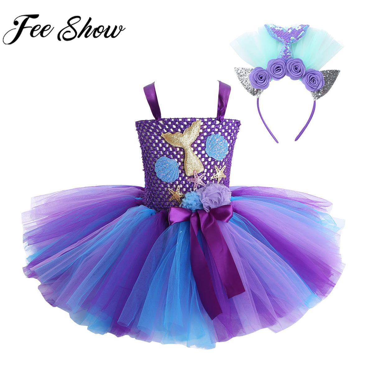 Kids Girls Halloween Mermaid Princess Dress Sleeveless Cute Mesh Tutu with Hair Hoop Dress Up Carnival Party Cosplay Clothing