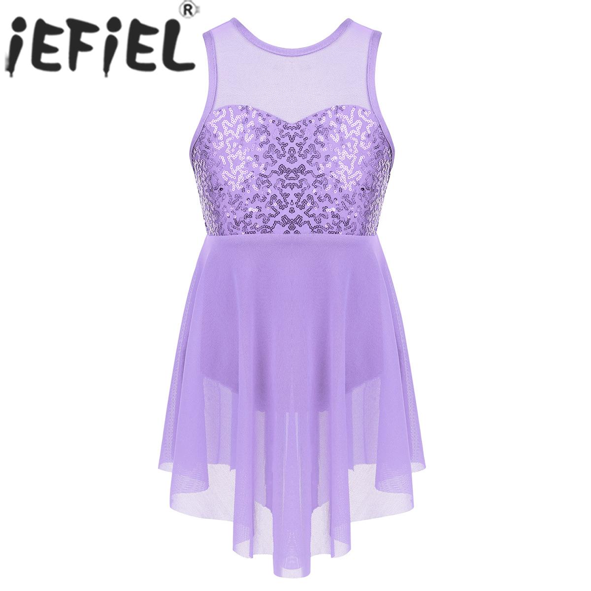 Girls Sheer Mesh Lyrical Dance Dress Shiny Sequin Ballet Gymnastics Leotard Dress Sleeveless Backless Tutu Ballerina Dancewear