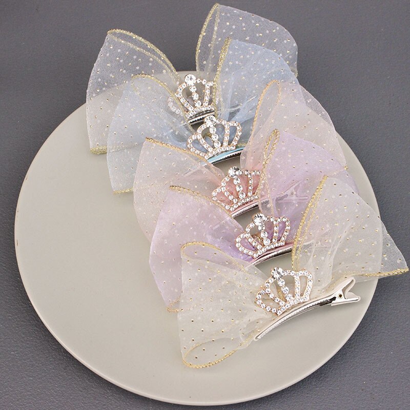New Children Cute Colors Crown Bow Ornament Hair Clips Girls Shiny Rhinestones Barrettes Hairpins Kids Sweet Hair Accessories