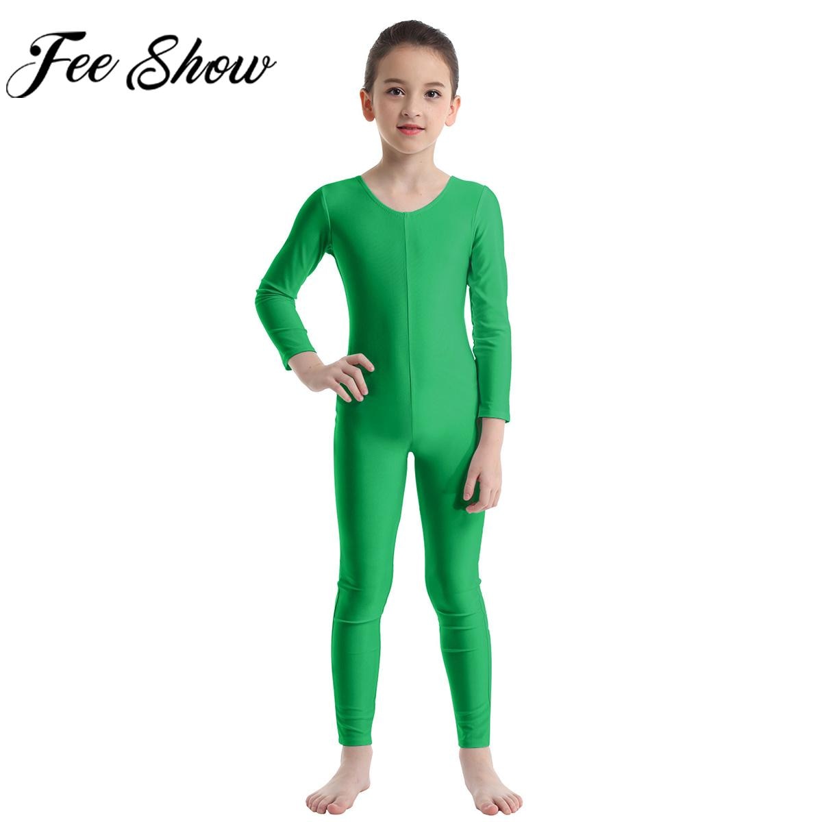Kids Girls Long Sleeve Ballet Gymnastics Leotard Dance Class Exercise Jumpsuit Solid Elastic Unitard Stage Performance Dancewear