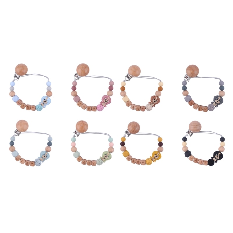 Silicone Bead Pacifier Clip for Baby Girl Boy Babies Wooden Soother Chain Holder