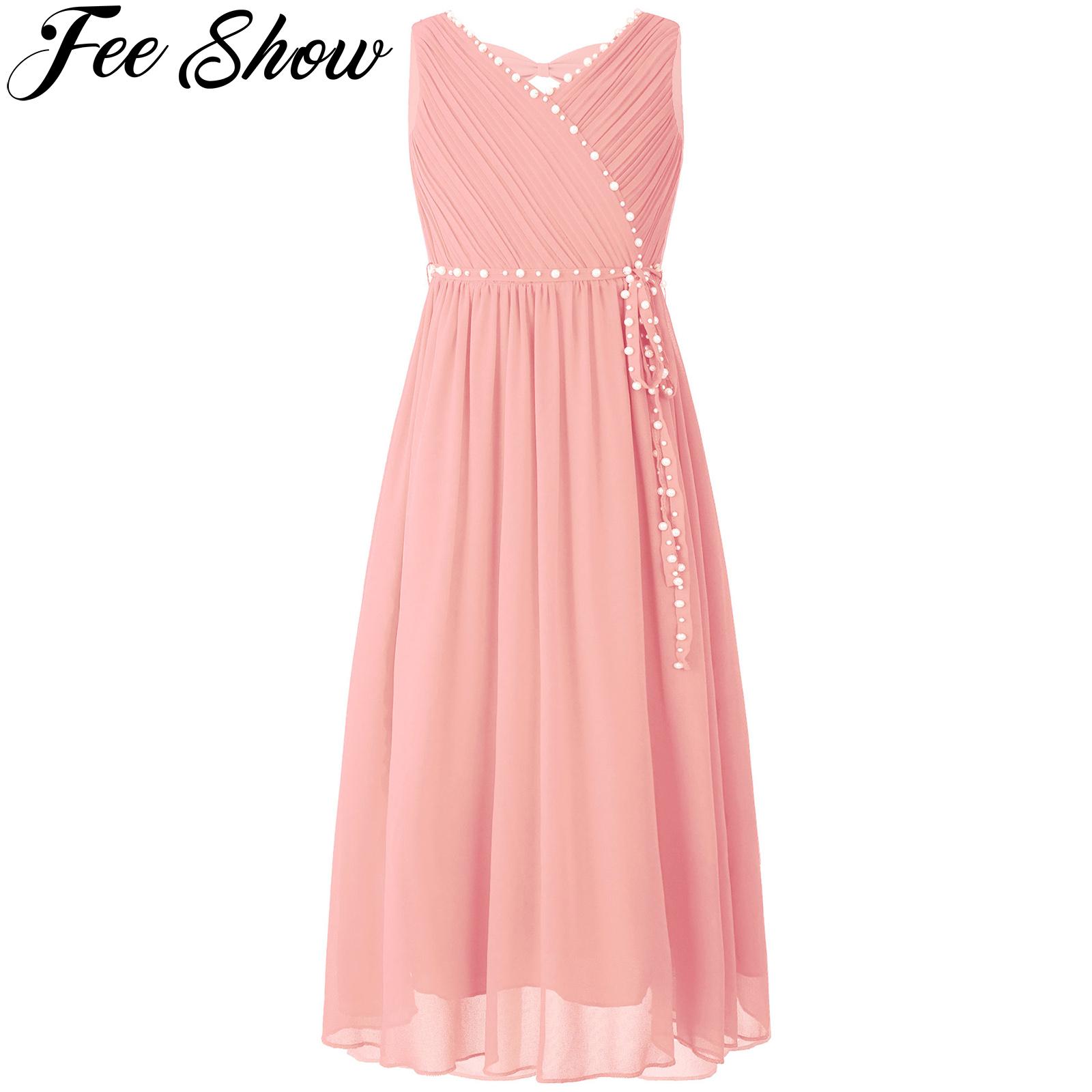 Kids Girls Elegant Beaded Party Dress Ruched V Neck Sleeveless Summer Chiffon Princess Dress for Birthday Wedding Bridesmaid