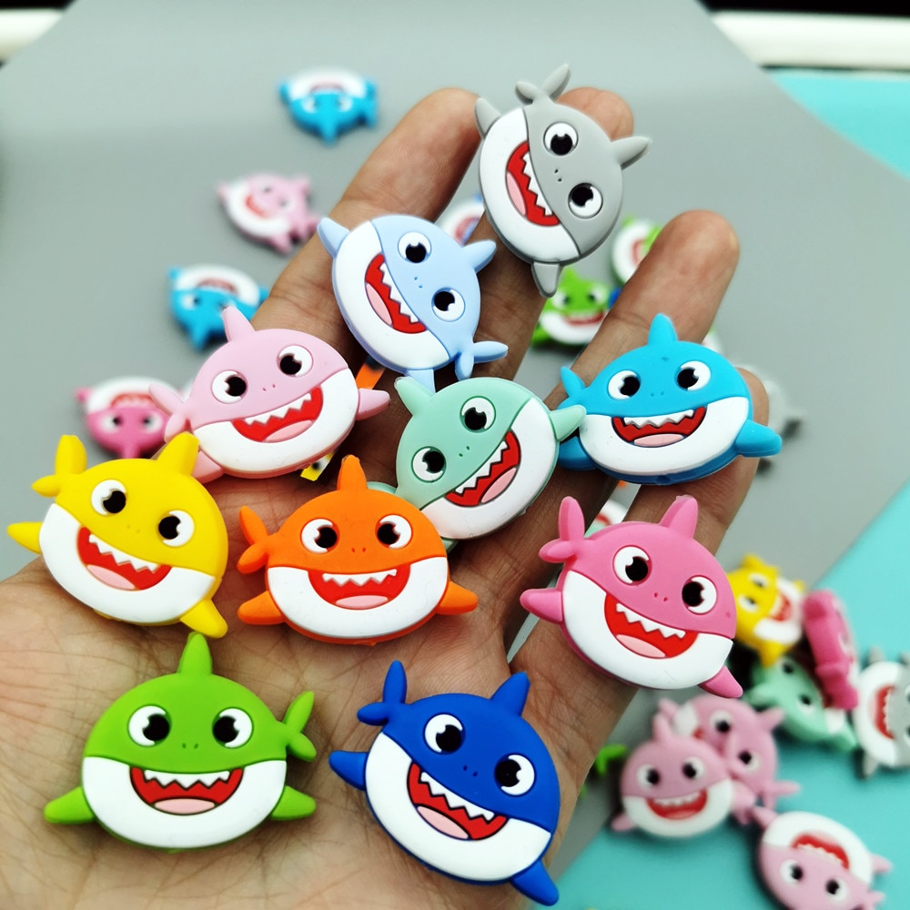 28*35mm 30pc/lot Shark Silicone Beads Baby Teething Pacifier Chain Necklace Accessories Safe Food Grade Nursing Chewing BPA Free