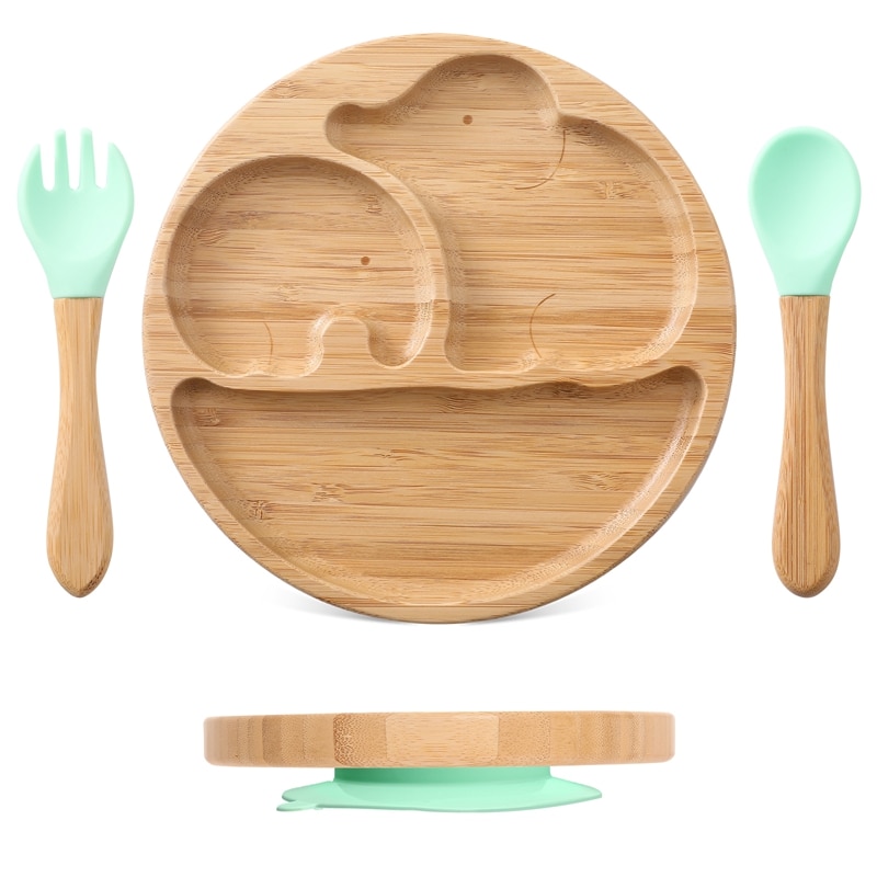 1Set Baby Feeding Bowl Baby Bamboo Dinner Plate Elephant Kids Feeding Dinnerware With Silicone Suction Cup Wooden Fork Spoon
