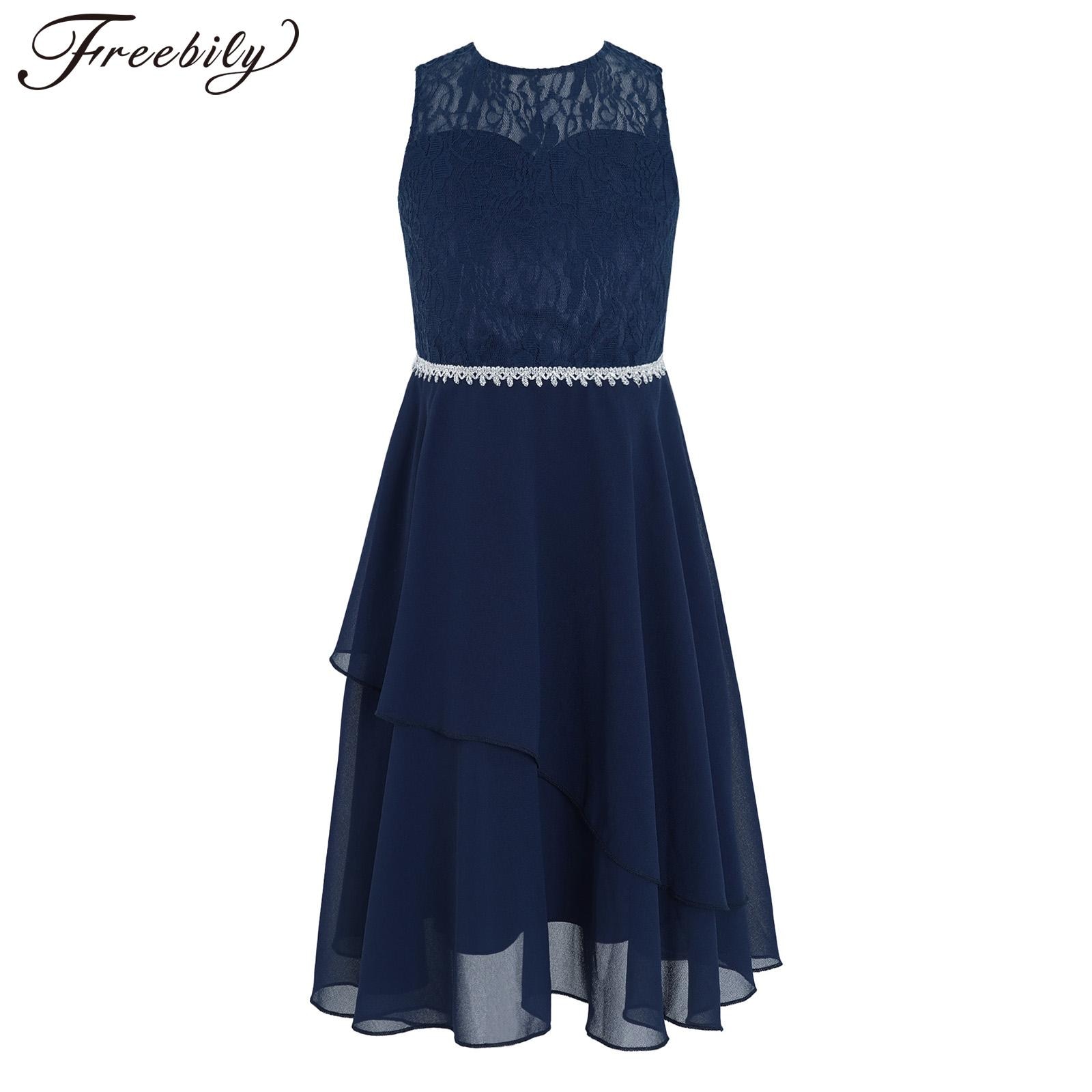 Kids Girls Chiffon Elegant Lace Bodice Party Dress Sleeveless Backless Shiny Trim Skirt Solid Dress for Performance Birthday