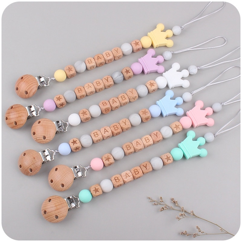 Cute Crown Bead Pacifier Clips Silicone Wooden Holder Newborn Soother Chains for Baby Teether Teething Chain Shower Gift G99C