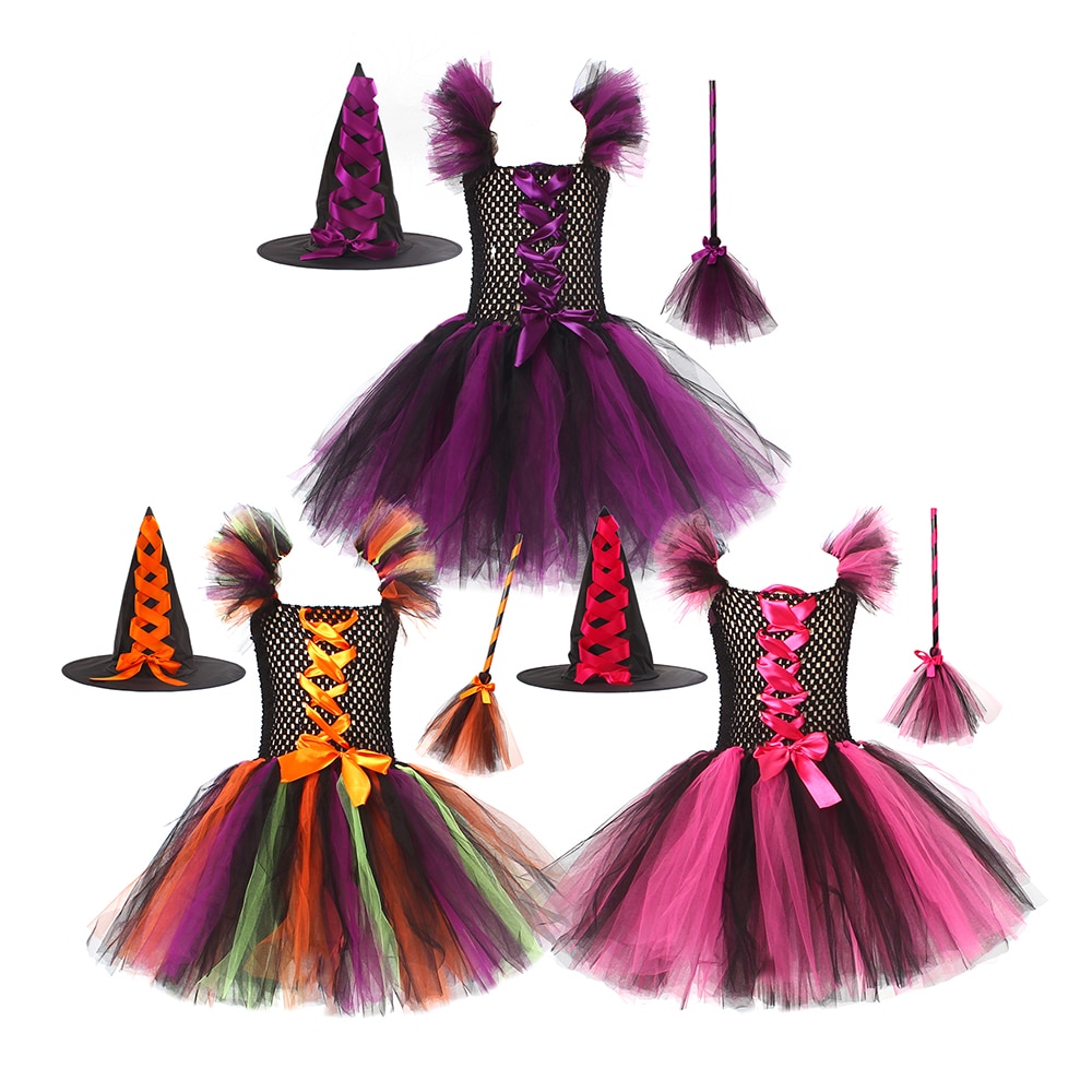 Disguise Story Book Witch Costume for Girls Halloween Tutu Knee Dress with Hat Broom Kids Carnival Cosplay Party Outfit Set