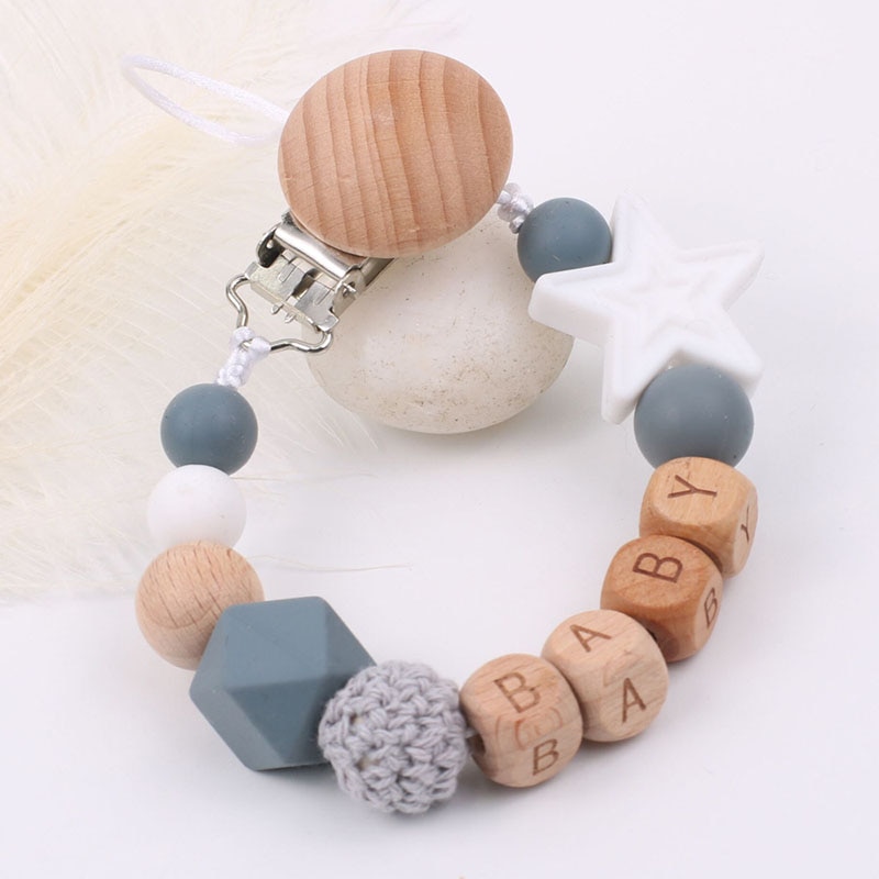 Custom Name Baby Pacifier Clip Chains Beech Wood Bead Star Silicone Beads Soother Chain Baby Teether Toy Nipple Holder Baby Gift