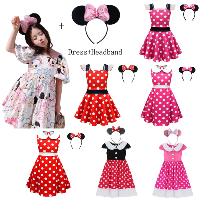 Disney Baby Girl Mickey Mouse Princess Dress Cartoon Print Cute Kids Minnie Daisy Costume Children Dot Dresses with Headband Set