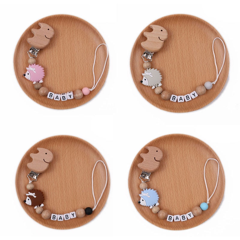 Custom Name Hedgehog Anti-lost Chain Animal Silicone Beads Baby Pacifier Clip Chains Elephant Wooden Dummy Clip Soother Chew Toy