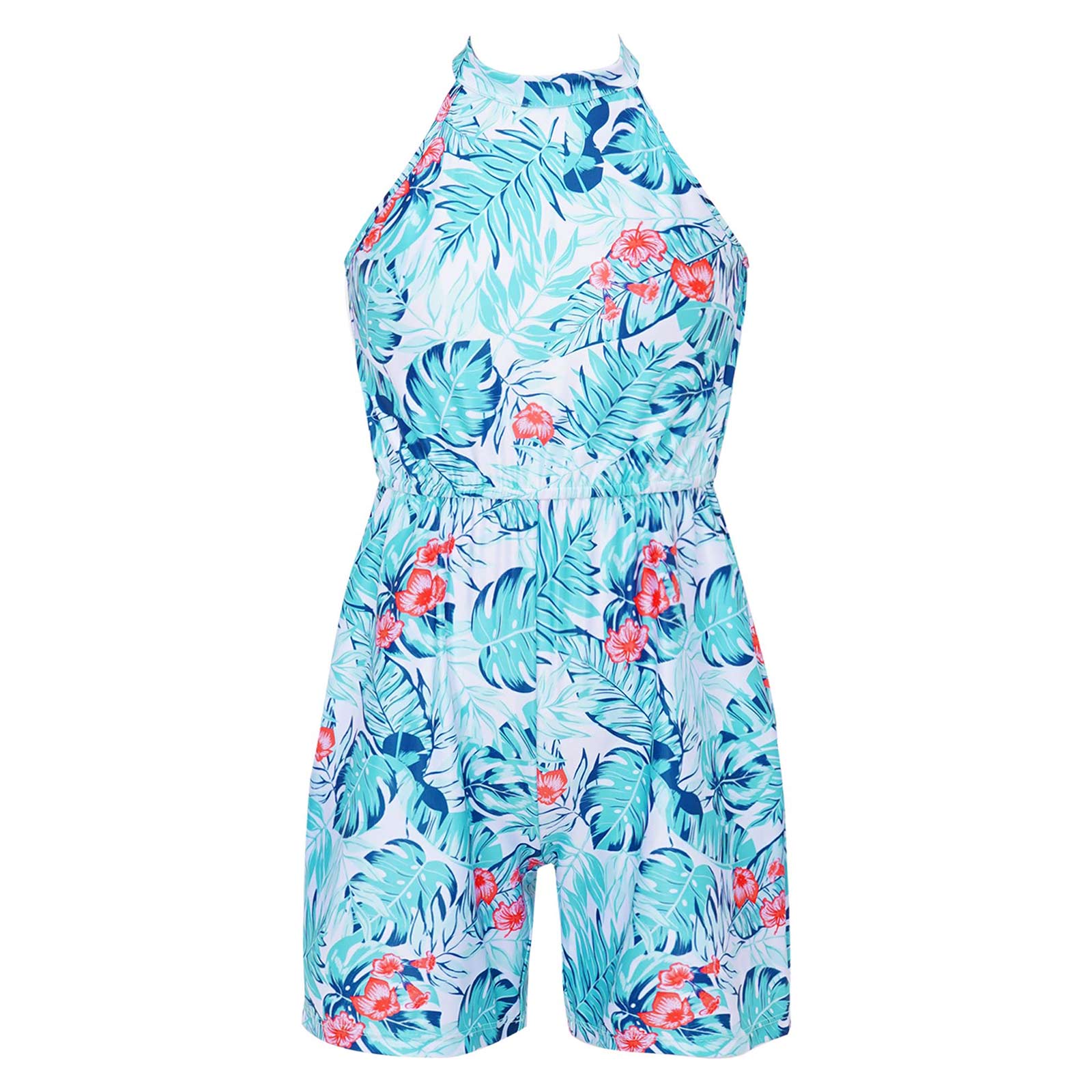 Children Kids Baby Girl Jumpsuit Sleeveless Floral Printed Pattern Slim Waist Invisible Zipper Back Halter Neck Playsuit 6-16Y