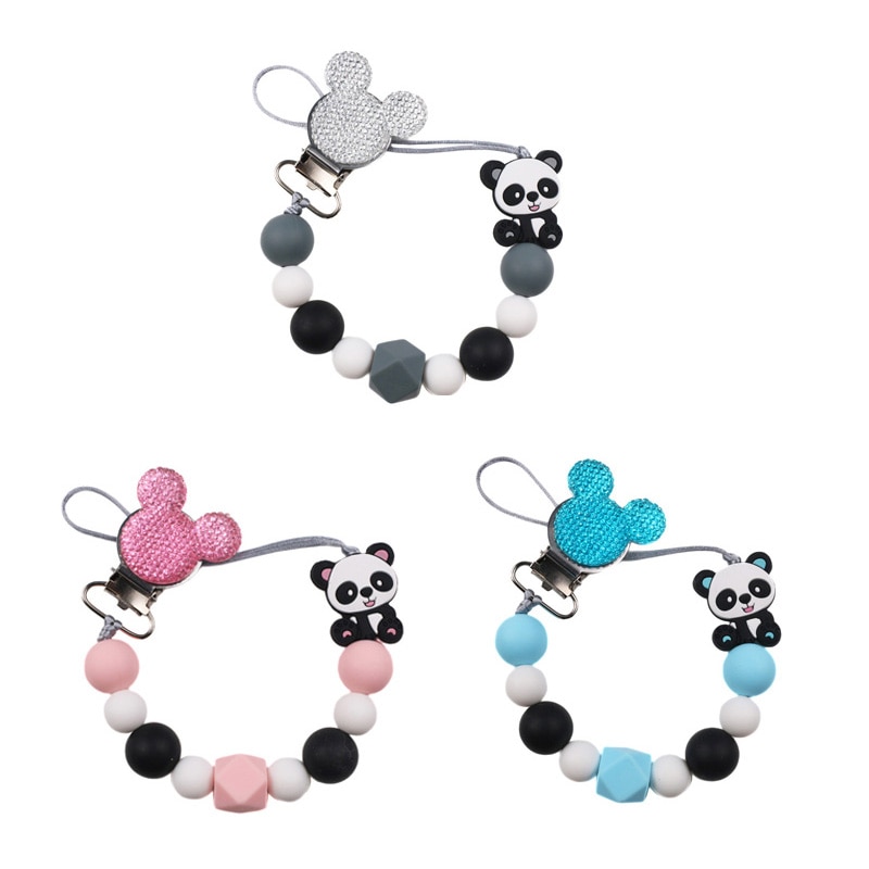 Panda Pacifier Holder Molar Chain Bling Bling Pacifier Clip Food Grade Chew Silicone Beads Baby Shower Gift
