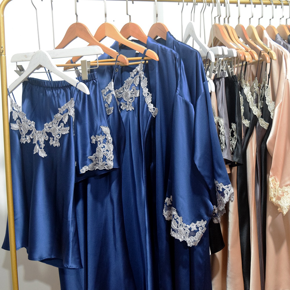 2023Luxury Pajamas Mulberry Silk 19mm Long Dress Pajamas Blue Sexy Lace Multi Piece Silk Cloth Silk Robe For Women Serica Pajama
