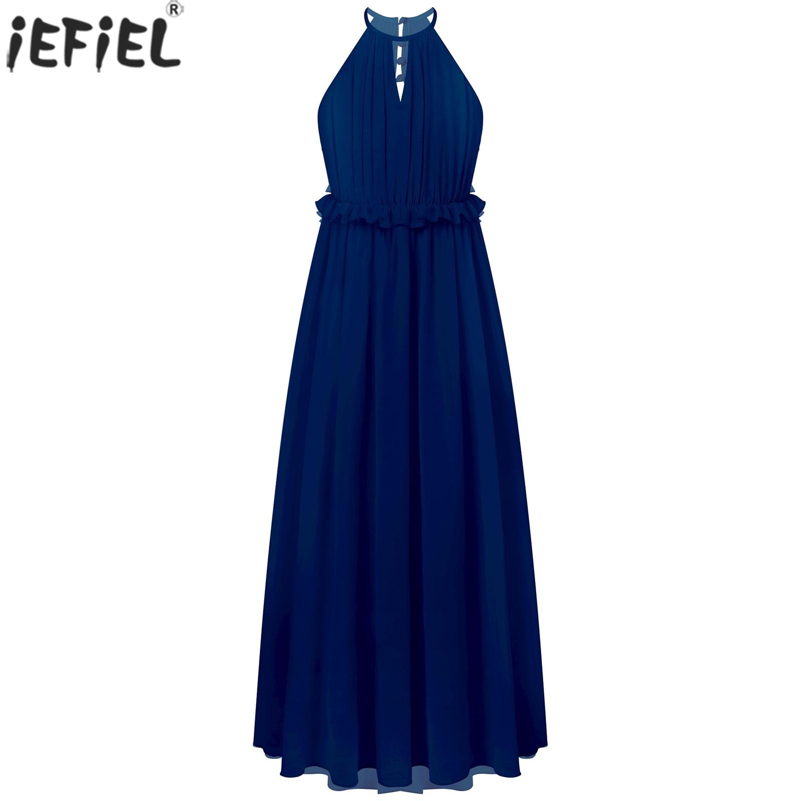 Evening Dresses for Kids Girls Halter Neck Elegant Gown Sleeveless Pure Color Child Maxi Floor Length Formal Wear Long Dress