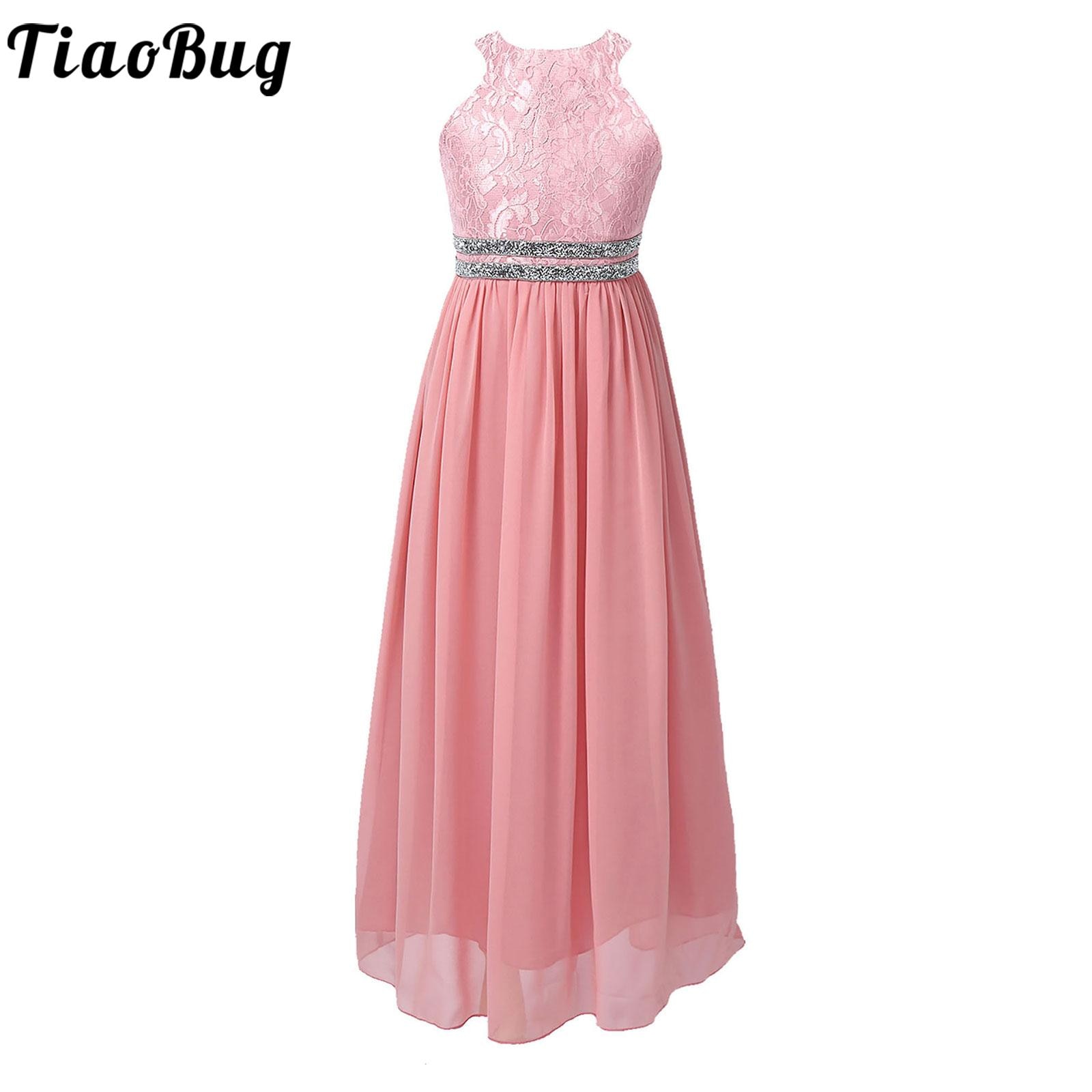 TiaoBug Girls Pink Party Dresses Kids Floor Length Long Dress Sleeveless Halter Neck Maxi Wedding Prom Gown Graduation Wear