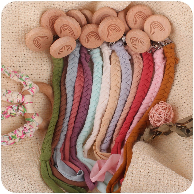 Braided Cotton Rope Nipple Holder Baby Pacifier Clips Chain Wooden Clips Nipple Holder Soother Chain for Infant Kids