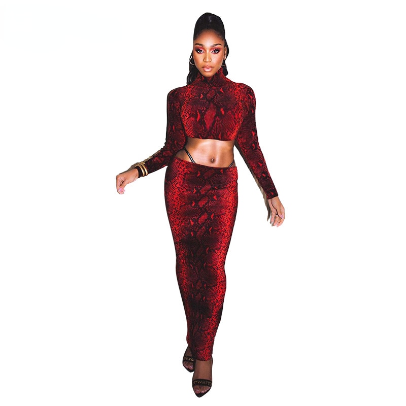 2022 snake print high neck long sleeve crop tops long skirt 2 pieces set autumn winter women streetwear party outfits