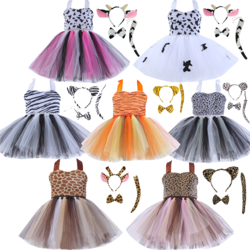 New Princess Dress Animal Clothing Children's Cow Cosplay Costumes Little Brown Leopard Dance Clothes Mesh Tutu Skirt Baby 