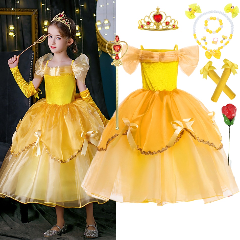 Beauty And The Beast Costume Belle Cosplay Clothes Princess Dress For Girls Yellow Shoulderless Prom Gown Kids Luxury Fancy Sets