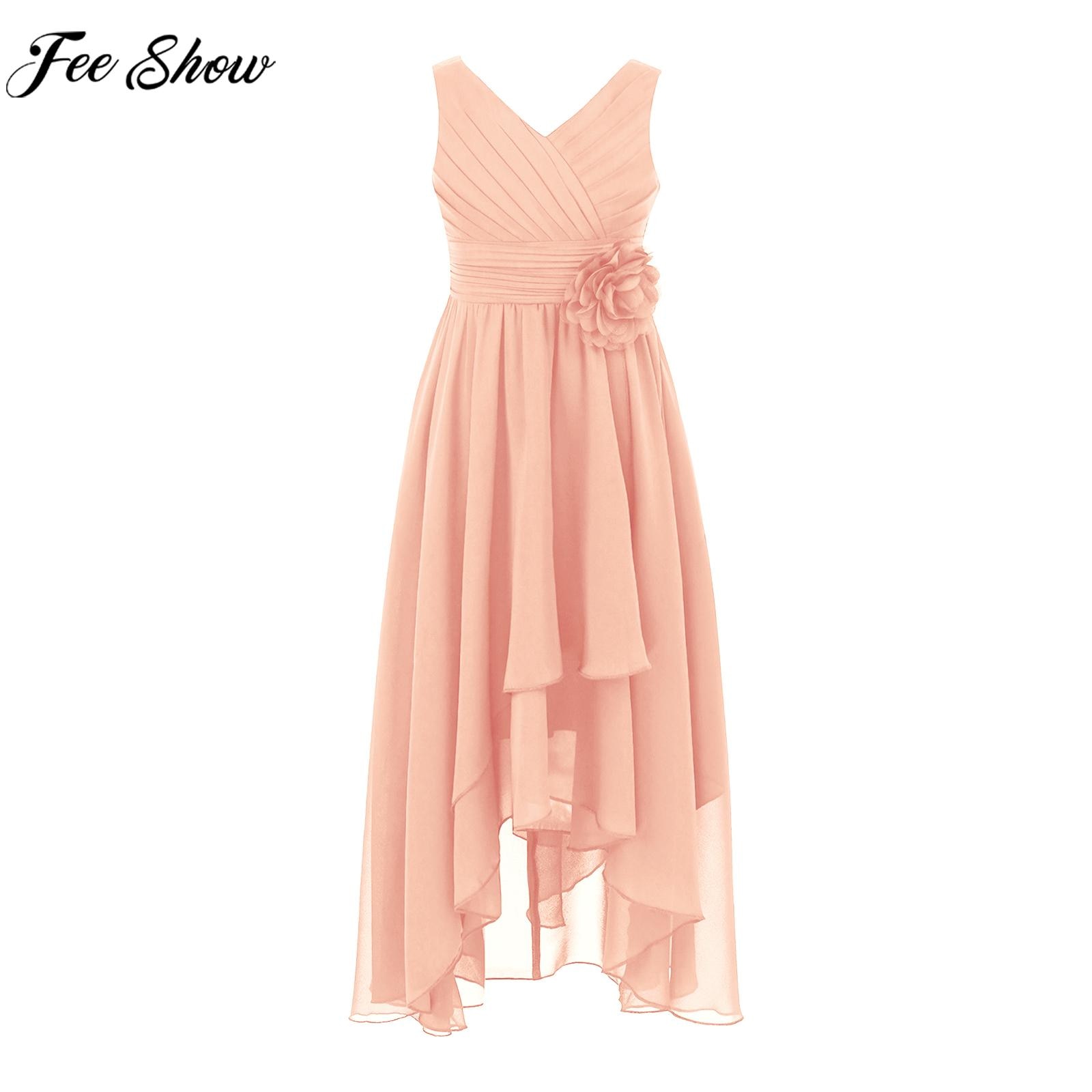 Summer Girls Elegant Chiffon Princess Dress Wedding Bridesmai Birthday Party Dress Sleeveless Pleated High-low Maxi Flower Tutu