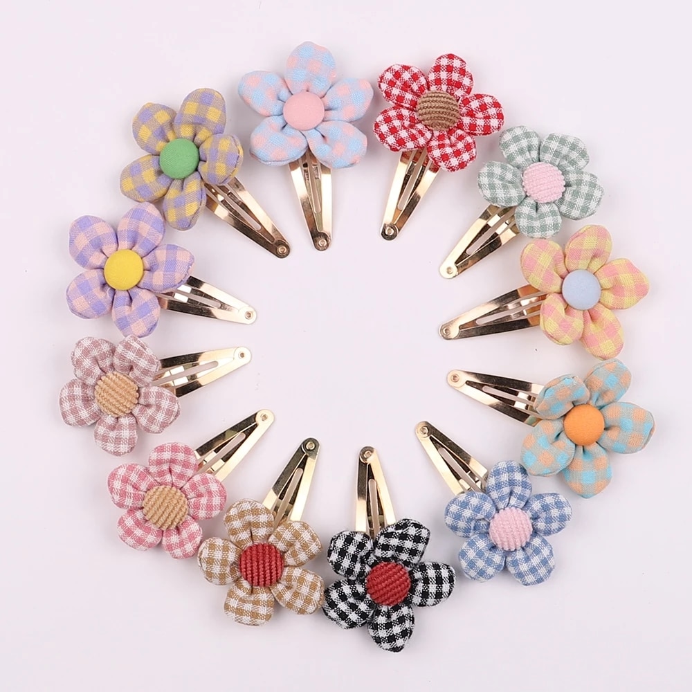 2Pcs/Set grid Flower Hair Clips For Cute Girls Handmade Hairpins Sweet Princess Barrettes Headwear Kids Hair Accessories Gift