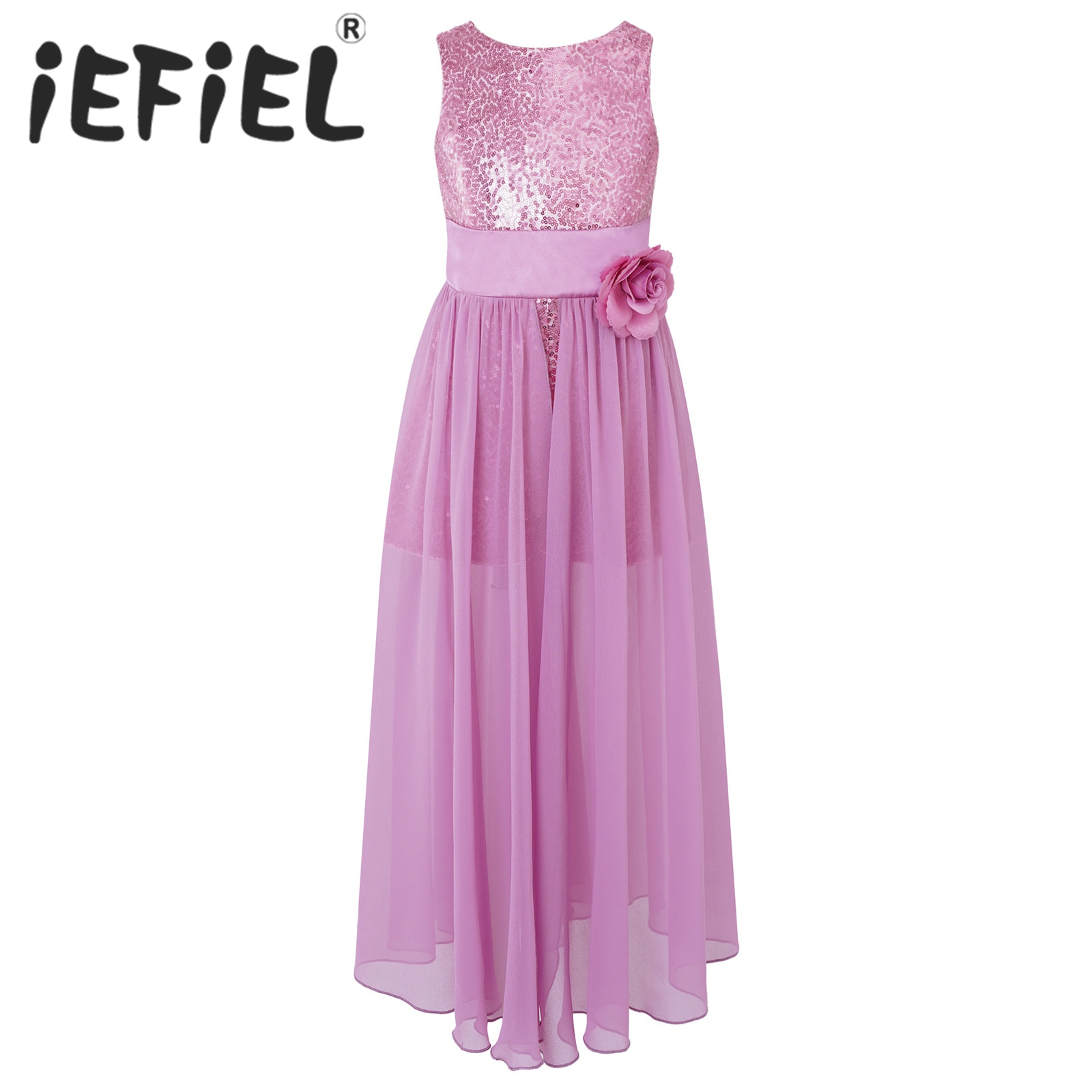 Kids Girls Shiny Sequins Flower Girls Dress Sleeveless Semi-Fixed Chiffon Leotard Dress for Wedding Bridal Stage Performance