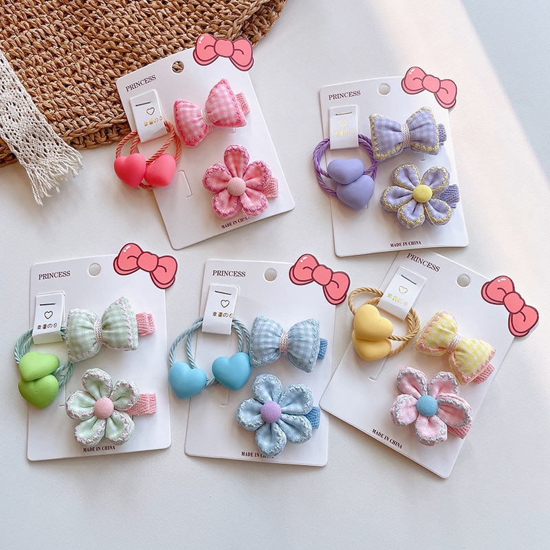 4pcs Elastic Hair Bands Hairpins Korean Children Floral Hair Clips Heart Hair Rope for Baby Girls Headwear Kids Hair Accessories