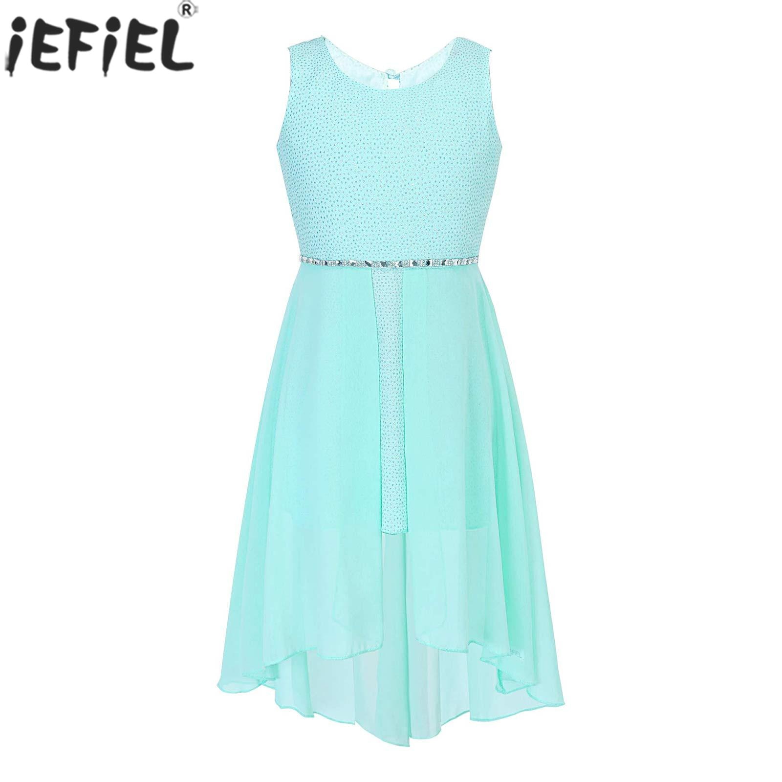 Kids Girls Shiny Rhinestone Princess Dress Sleeveless High-low Split Tutu Wedding Flower Girls Bridesmaid Birthday Party Dress