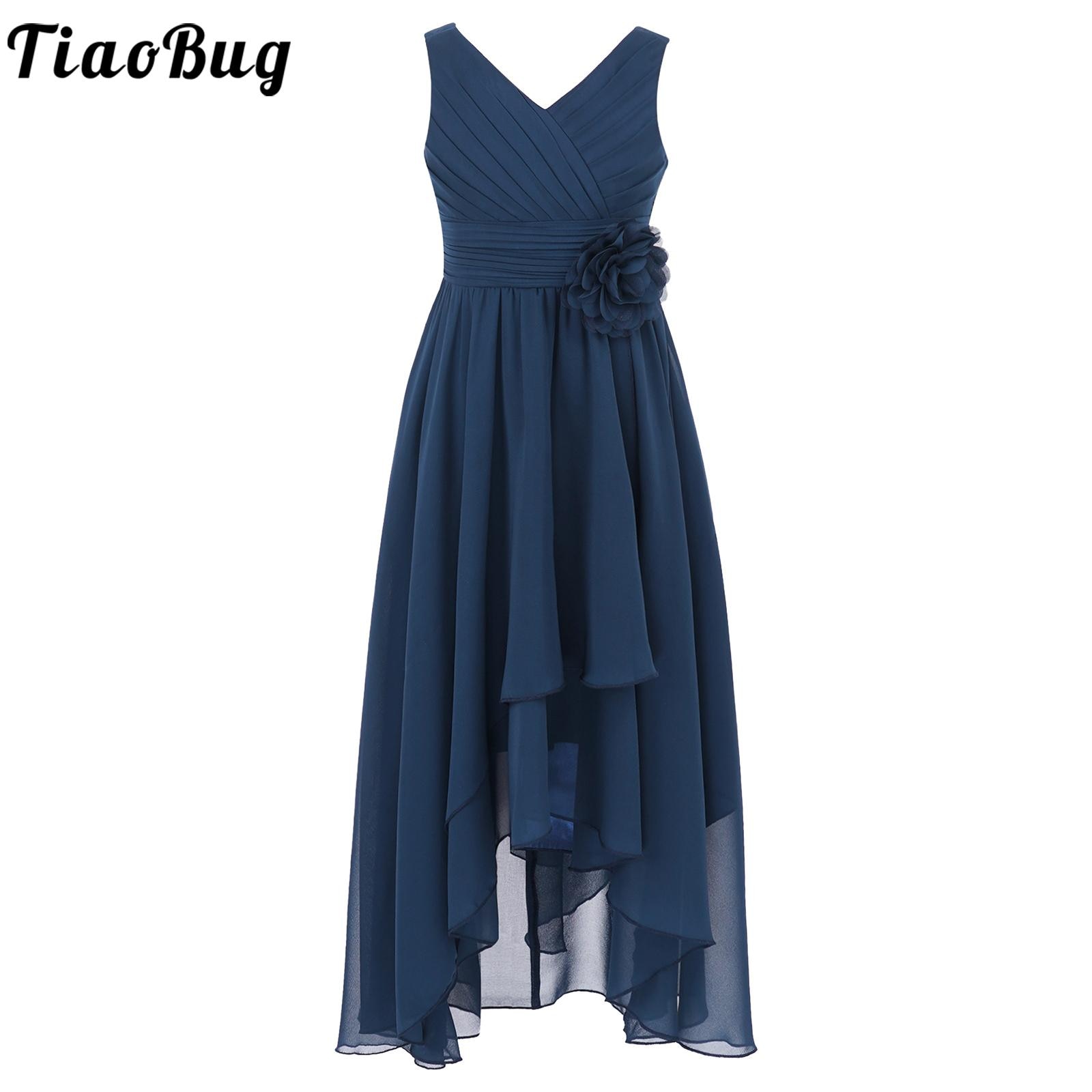 Kids Girls Long Dress 3D Flower Tiered Chiffon Dress V Neck Sleeveless Pleated Detail Asymmetrical Hem Wide Sash Party Dress