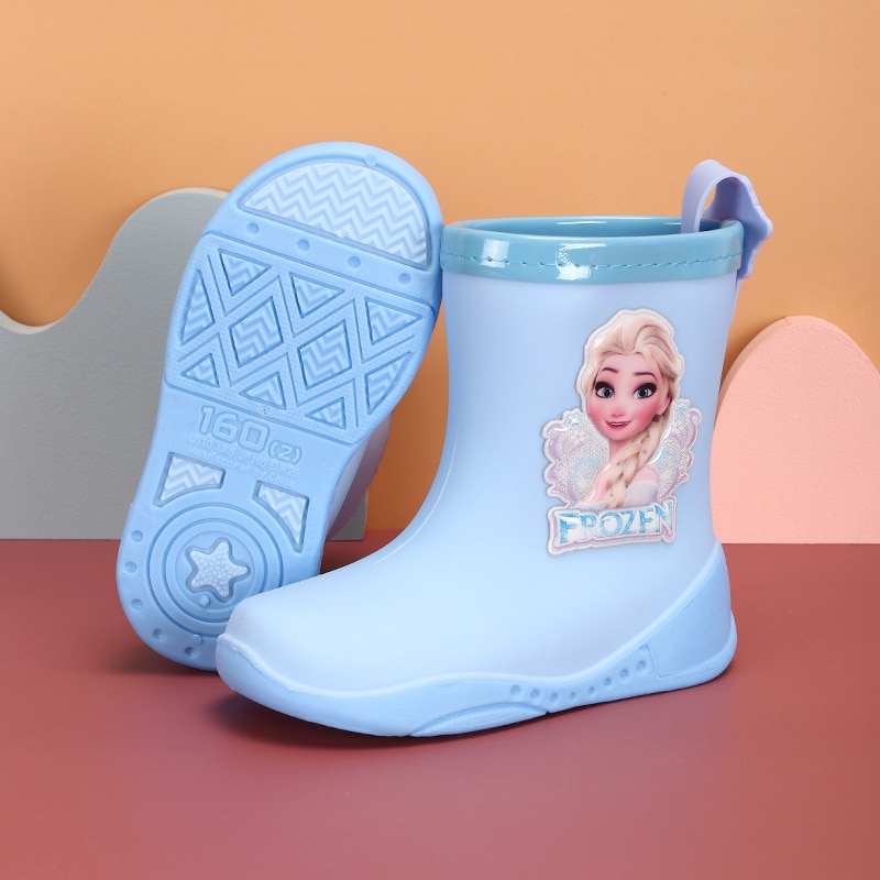Disney Children's Rain Boots For Girls Blue Cartoon Nonslip Frozen Princess Elsa Water Shoes Kids Four Seasons Rubber Over 