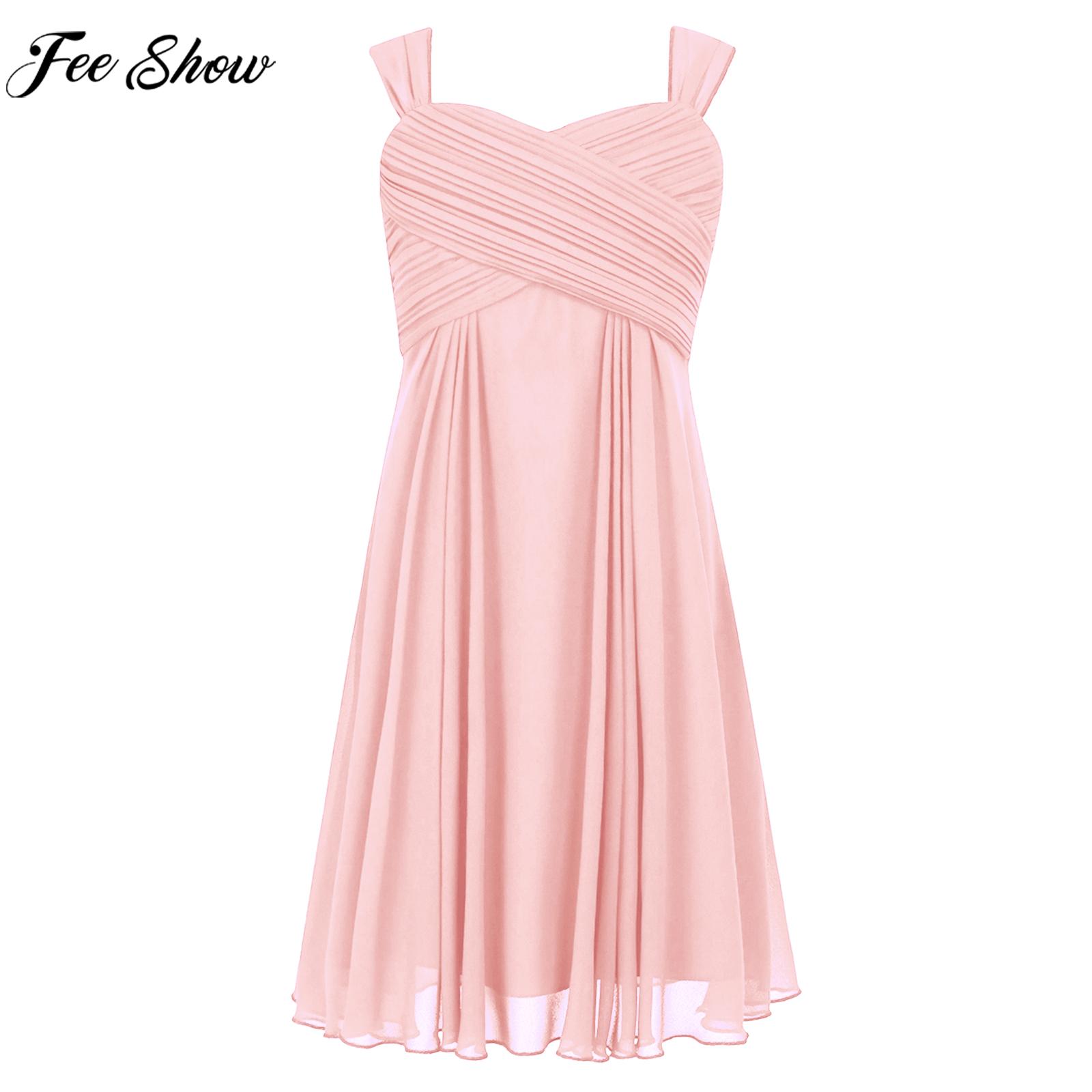 Kids Flower Girls Dress Elegant Chiffon Wedding Bridesmaid Pageant Birthday Party Dress Sleeveless Ruched Bodice Princess Dress