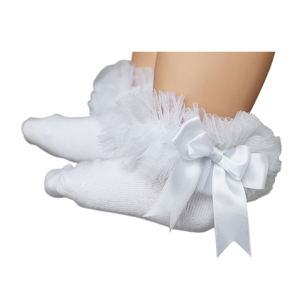Baby Girls Lace Ruffle Frilly Mesh Ankle Socks Bowknot Cotton Short Socks Size (White)