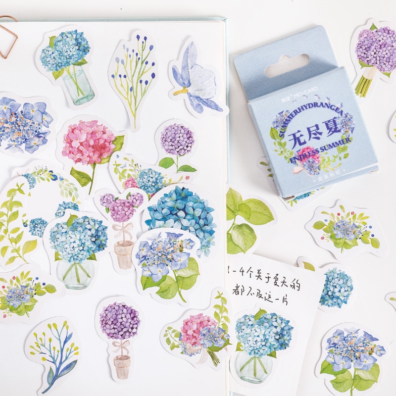 46PCS Kawaii Colorful Hydrangea DIY Phone Aesthetic Stickers Decoractive Scrapbooking Accessories Sticky Sticker Flakes for Kids